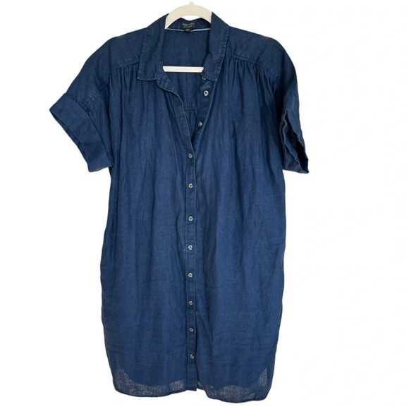 J. Crew Baird McNutt Relaxed Linen Shirt Dress Navy Blue Petite Large Beach - Picture 2 of 7